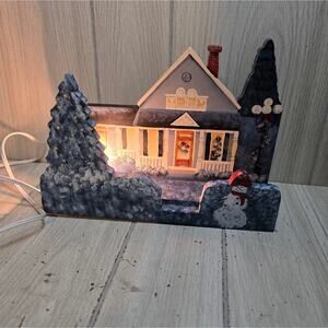 Vtg Handcrafted/Painted Holiday House Night Light Decor Blue White Snow Scene